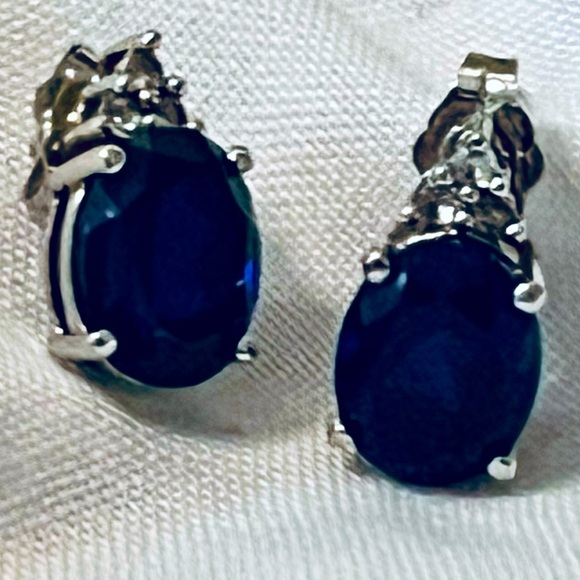 Elegant Sterling Silver with Blue Sapphire and Diamond like Gem Earrings Shining - Picture 1 of 17